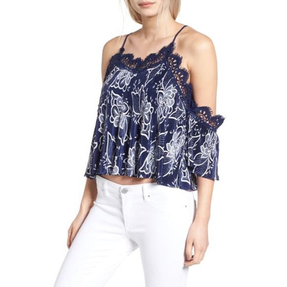 Moon River Lace Cold Shoulder Crop Top Navy Medium